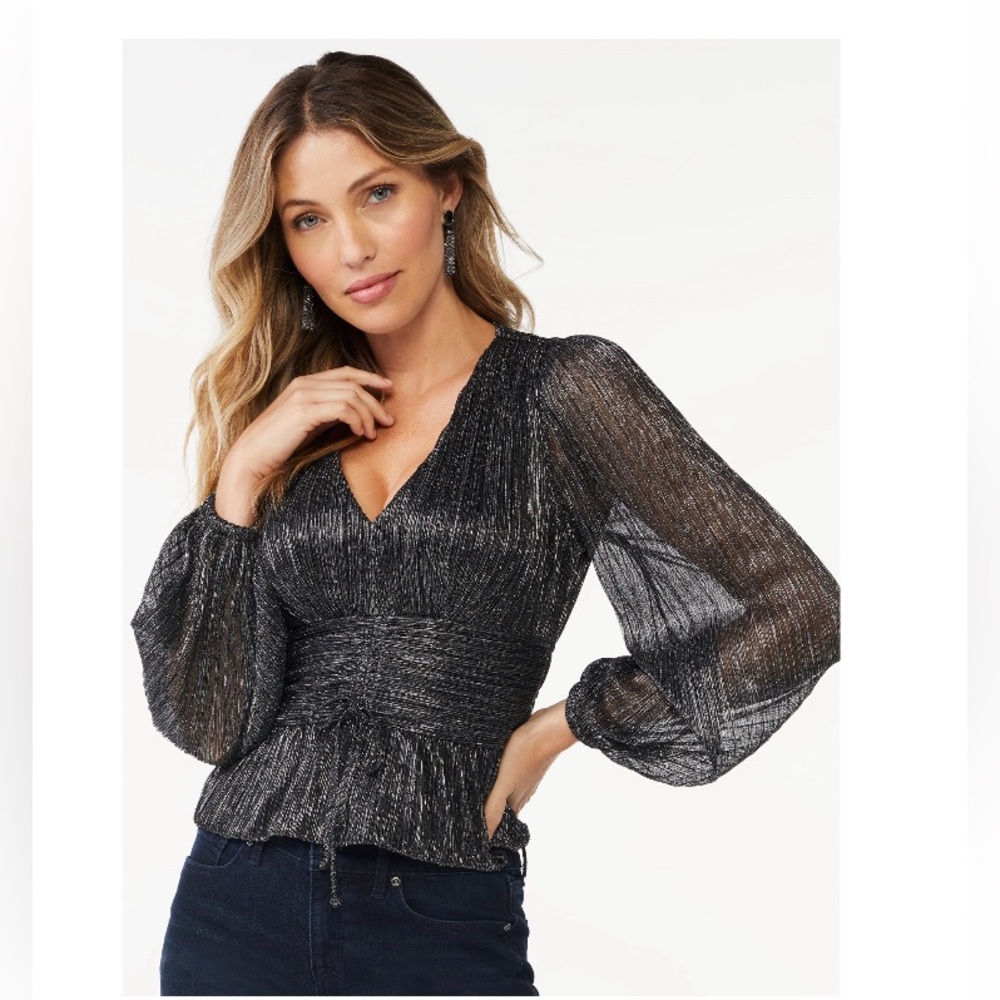 Sofia Jeans by Sofia Vergara XXXL Black Shimmer Peplum Sheer Long Sleeves